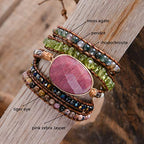 YGLINE Women Boho Handmade Natural Stone Crystal Leather Bead Wrap Bracelets Collection - color: Rhodochrosite-5w
