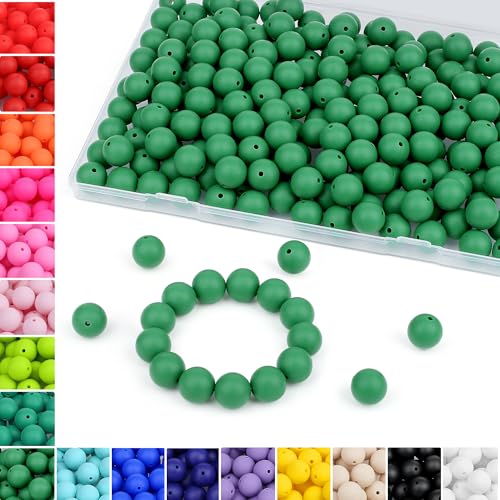 MAIBAOTA 120 Pcs Christmas Green Silicone Beads 15 mm for Keychain/Pens/Bracelet/Necklace Making Round Silicone Bulk Kits - color: Christmas Green