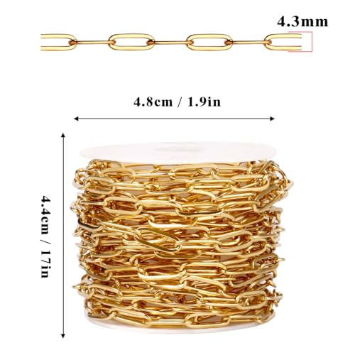 [16.5 Ft] Stainless Steel Paperclip Chains Roll, 4.3mm Width 18K Gold PVD Plated Stainless Steel Oval Link Chains Spool Bulk for Jewelry Making - color: 18k gold(4.3mm)