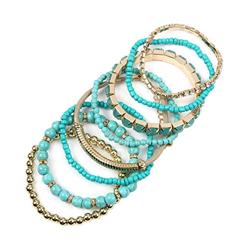RIAH FASHION Multi Color Stretch Beaded Stackable Bracelets - Layering Bead Strand Statement Wrap Bangles - color: Natural Stone - Turquoise, size: 7.0 Inches Length