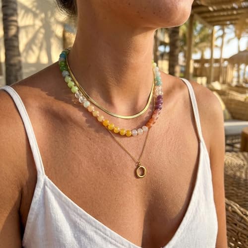 Gmai Layered Beaded Necklace for Women Colorful Trendy Snake Chain Circle Pendant Choker Gold Chain Adjustable Length Bohemian Rainbow Stackable Necklaces Jewelry Gift - style: Green yellow white string beads