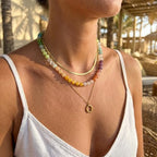 Gmai Layered Beaded Necklace for Women Colorful Trendy Snake Chain Circle Pendant Choker Gold Chain Adjustable Length Bohemian Rainbow Stackable Necklaces Jewelry Gift - style: Green yellow white string beads
