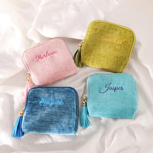 Mothers Day Gifts Personalized Travel Jewelry Case with Embroidered Name,Custom Small Jewelry Pouch Velvet Jewelry Organizer Storage Bag for Bracelet Rings Earring - color: Red
