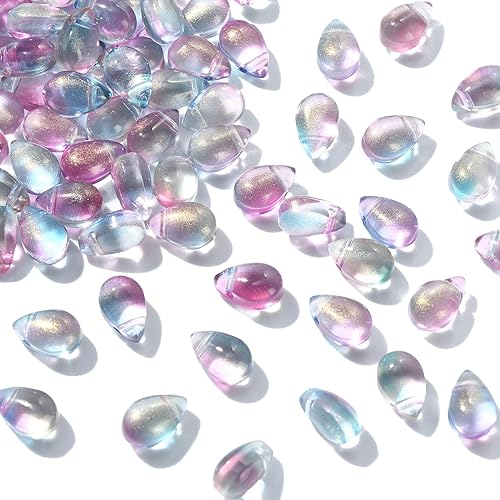 UR Urlifehall 100 Pcs Glass Teardrop Charms Transparent Spray Painted Glass Beads with Glitter Powder Beads for DIY Jewelry Crafts Making - color: 100pcs-9x6x6mm-glass teardrop beads