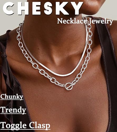 CHESKY 14K Gold Plated Chunky Necklace for Women, Trendy Paperclip Chain Necklace Thick Cross Heart Pendant Necklace Layered Herringbone Cuban Link Chain Toggle Necklaces Non Tarnish Jewelry - color: silver, style: paperclip+herringbone