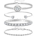 4 Pcs Dainty Gold Silver Bracelets Set for Women 14K Plated Link Cubic Zirconia Paperclip Stake Layering Chain Adjustable Trendy Hand Jewelry - color: Silver