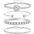 4 Pcs Dainty Gold Silver Bracelets Set for Women 14K Plated Link Cubic Zirconia Paperclip Stake Layering Chain Adjustable Trendy Hand Jewelry - color: Silver