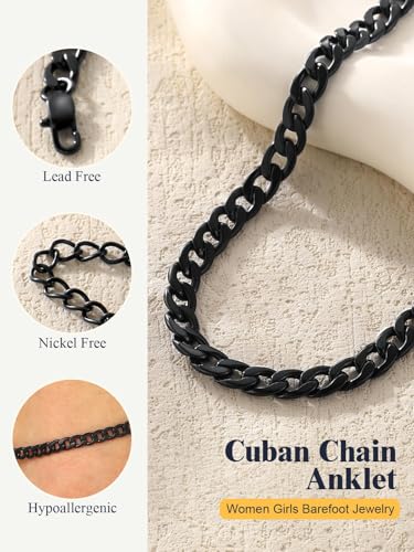 U7 Women Girls Barefoot Jewelry 18K Gold or Rose Gold Stainless Steel Heart/Rope/Figaro/Cuban Chain Anklet Foot Bracelet, 25-30 CM Long - color: Black-5mm-Cuban Chain