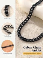 U7 Women Girls Barefoot Jewelry 18K Gold or Rose Gold Stainless Steel Heart/Rope/Figaro/Cuban Chain Anklet Foot Bracelet, 25-30 CM Long - color: Black-5mm-Cuban Chain