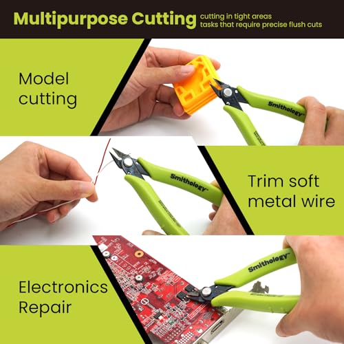 Smithology 4.8” Micro Flush Cutters 3PCS | Made from High Carbon Steel with Hidden Springback Design & Non-Slip Handles for Trimming Metal Wires, Zip Ties, Cables, Circuit Boards, & DIY Projects