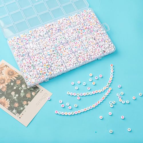 1400pcs Letter Beads, 4x7 mm Acrylic Alphabet Beads, Beads for Jewelry and Bracelet Making, in 28 Grid Box (White and Colorful) - color: White Beads Colorful Letter