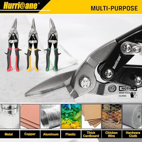 HURRICANE 3 pc Aviation Tin Snips Set, 10 inch Metal Cutter Shears for Cutting Sheet Metal, Cr-V Blades, Straight Left and Right Aviation Snips, with Ergonomical TyreGrip Handle and Safety Latch - size: 3 Piece Regular Set: Straight, Left, Right
