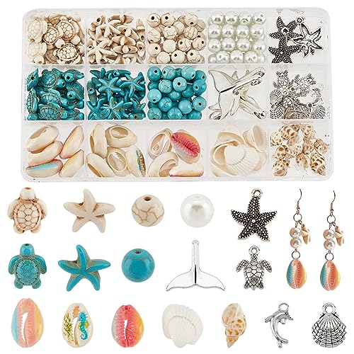 PH PandaHall 208pcs 15 Styles Summer Beach Beads Sea Shell Beads Sea Star Pendants Tortoise Charms Ocean Animal Spacer Beads for Bracelets Earrings DIY Jewelry Making Home Decor Macrame - color: Beige