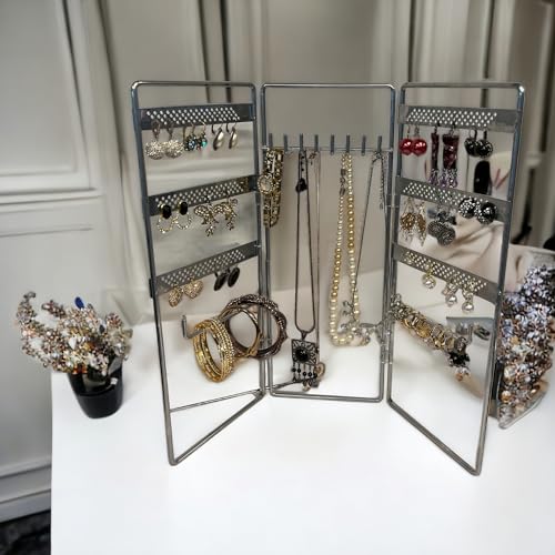 Jewelry Holder, Jewelry Organizer, folding 3 piece Jewelry Display Stand with Metal Frame, Necklace Earring Bracelet Holder, for Studs, Rings, Gift Idea, Gold, Silver, Black Color (SILVER) - color: SILVER