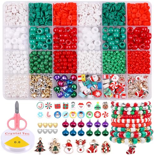 Wuollgess 2600 PCS Christmas Beads, Clay Beads Kit, Pony Beads and Glass Seed Beads for Jewelry Making, Bracelet Making Kit with Christmas Charms for Bracelets Gift Garland Decor - color: Christmas-02