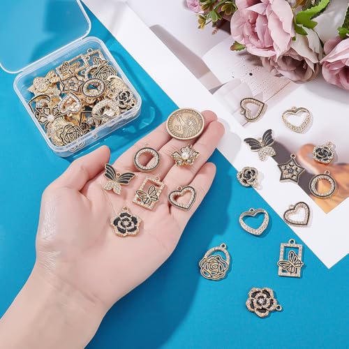 48Pcs 12 Styles Rhinestones Charms Alloy Enamel Love Pendants with Crystal Rhinestone Flower Butterfly Round Ring Charm for Necklace Bracelet Earrings Jewelry Making DIY Craft