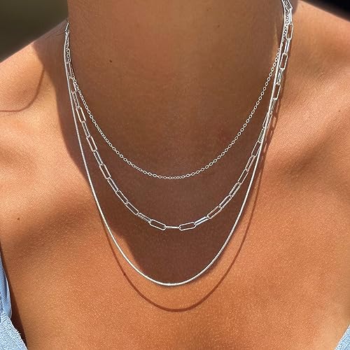 Freekiss Women's Layered Necklace Set - 3 Piece Dainty Gold Jewelry for Everyday Stacking | 14K Gold Plated Snake Chain, Rope Chain, Cuban Chain | Adjustable Length 14-18.5 Inch | Gift Ready - color: Silver, style: Paperclip+O+Box Chain