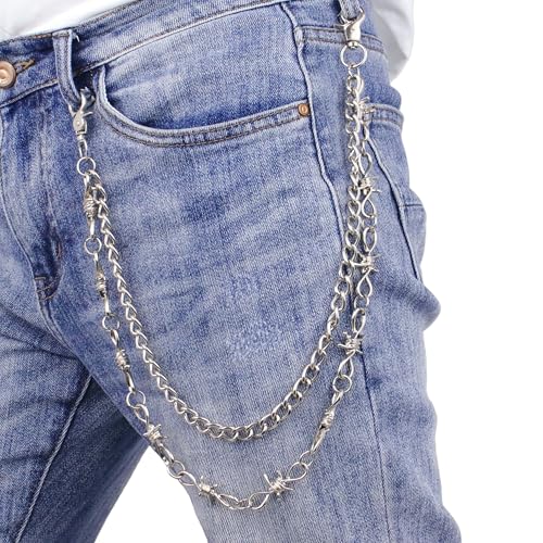 Layered Punk Pants Chain for Men Women, Gothic Hip Hop Jean Chain Wallet Chain Biker Trouser Chain, Goth Emo Fashion Keychain Accessories - color: 2L-Silver Barbed