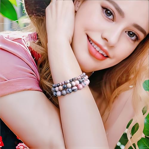 3Pcs Healing Crystal Turquoise Bracelets for Women Men 8mm 6mm 4mm Natural Stone Beaded Stretch Bracelet Jewelry Gifts for Women Girl - color: T5-Pink Zebra Jasper