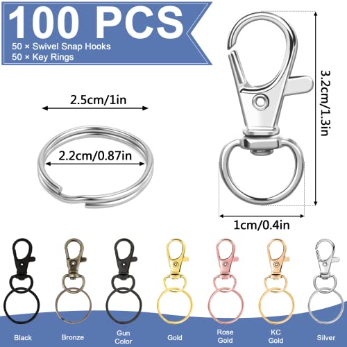 AUGSUN 100PCS Swivel Clasps Lanyard Snap Hooks with Key Rings, Key Chain Clip Hooks Lobster Claw Clasps for Keychains Jewelry DIY Crafts (Multicolor) - color: Multicolor