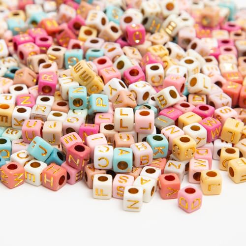 900pcs Square Colorful and Gold Letter Beads Acrylic 6x6mm Cube Beads for Bracelets Necklaces and Jewelry Making Alphabet Bead - color: Colorful-Gold