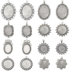 SUNNYCLUE 1 Box 16Pcs 8 Styles Silver Oval Bezel Pendant Trays Antique Metal Tibetan Alloy Blank Base Cabochons Round Frame Tray Pendants for Jewelry Making Photo Findings Necklace DIY Craftings - style: Style 1