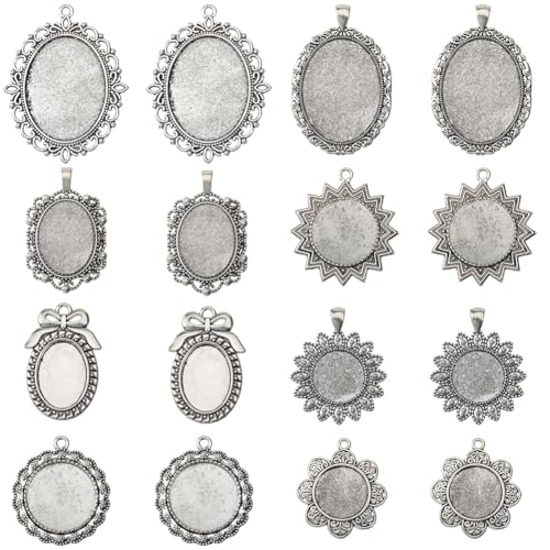 SUNNYCLUE 1 Box 16Pcs 8 Styles Silver Oval Bezel Pendant Trays Antique Metal Tibetan Alloy Blank Base Cabochons Round Frame Tray Pendants for Jewelry Making Photo Findings Necklace DIY Craftings - style: Style 1