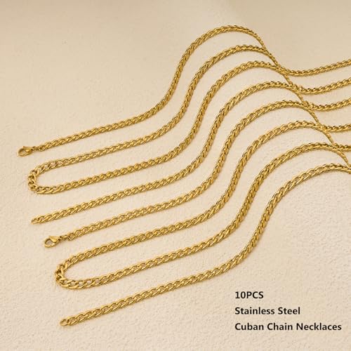 Gold Plated Chains for Jewelry Making Stainless Steel Cuban Necklace Bulk Hip Pop Punk Jewelry Gift (10pcs,16inch) - color: Gold 16", size: 1.4mm