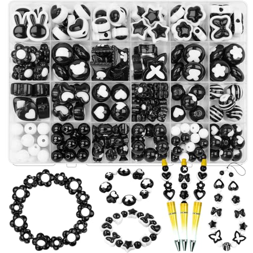 Black and White Chunky Acrylic Bead, Beads for Pens Focal Beads Bracelet Beads Loose Spacer Bead Heart Star Kandi Bead for DIY Beadable Pens Necklaces Earings Keychains Jewelry Making (Black+White) - color: Black+White