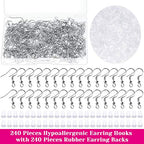Cridoz Earring Hooks for Jewelry Making Supplies, 240pcs Hypoallergenic Stainless Steel Fish Hooks Kit With 240pcs Earring Backs - color: Silver