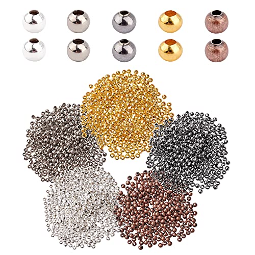 PH PandaHall 1350pcs 3mm Spacer Beads, Smooth Tiny Spacers Metal Iron Round Ball Loose Beads Gold Plated Seed Beads for Summer Hawaii Stackable Earring Necklace Bracelet Jewelry Making 5 Color