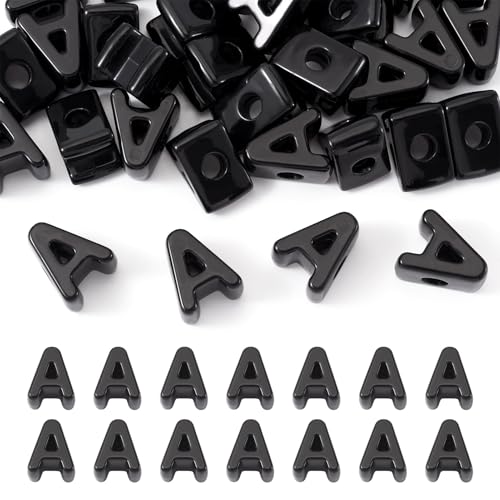 30Pcs Acrylic Letter A Large Hole Slide Beads Large Alphabet Vowel European Beads for Crafts DIY Bubble Name Necklace Keychain Hanging Ornament Jewelry Making Supplies Black - color: Black, size: A