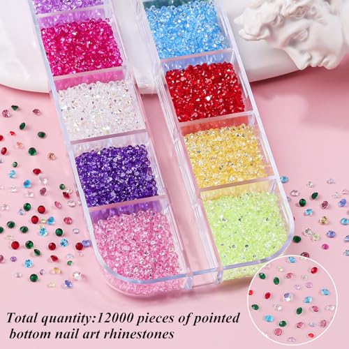 12000Pcs Nail Art Rhinestones Colorful Rhinestones Kit, 1.5mm Pointed Bottom Rhinestones Crystals Stones Diamonds Gems Bedazzler with Pickup Tools for Nails Face Eyes Makeup Crafts (24-K1-1.5mm) - color: 24-K1-pointed