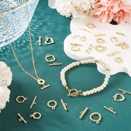 38Pcs Golden Toggle Clasp, 19 Styles Bracelet Closure Clasps IQ Toggle Clasps Oval Flower Heart Clasp Fastener Hook Toggle Connectors for Necklace Bracelet Jewelry Making - color: Golden-19 Styles