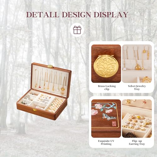Travel Jewelry Case Small Wood Jewelry Organizer Jewelry Box for Women (Nut-Brown Print E) - color: Nut-Brown Print E