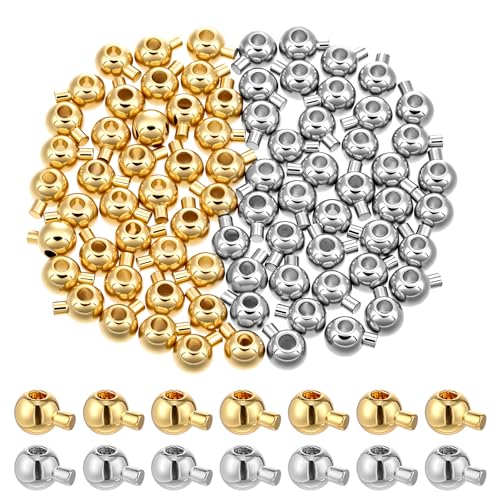 Psyqtsuary 80 Pcs Gold Silver Round Crimp Beads for Jewelry Making Brass Metal Round Crimp-Bead Gold Silver Spacer-Beads for DIY Bracelet Jewelry Making (Gold and Silver)