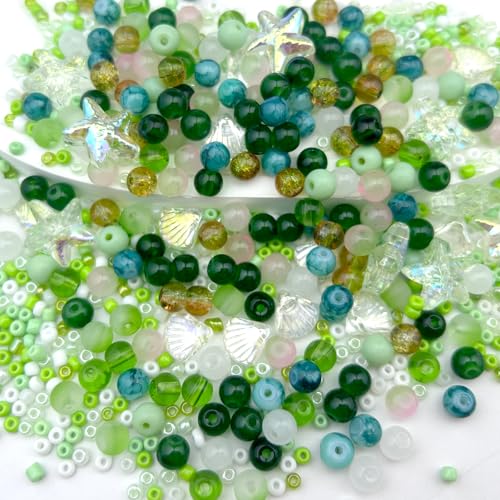 6mm Glass Beads, 580Pcs Crystal Bead, Starfish, Shell Shaped and Seed Beads, Green Assorted Round Crystal Loose Bead for St. Patrick's Day, Jewelry Making, DIY Craft - size: 6mm