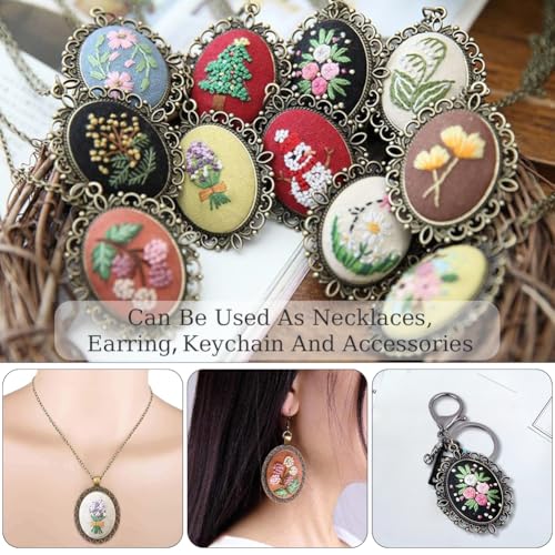 SUNNYCLUE DIY 3 Sets Embroidery Necklace Kits Embroidery Necklace Pendant with Chains Hoops Cloth Spring Flowers Pattern Stitch Kit for Jewelry Making Crafts Supplies Adults Beginner Starter Women - style: Flower 1