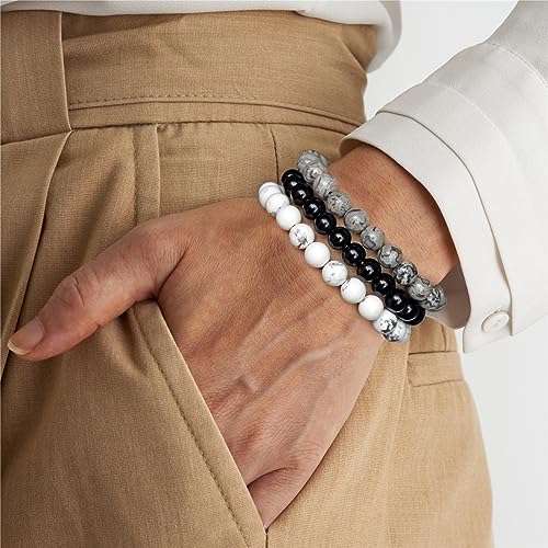 3 PCS Healing Crystal Bracelets for Women 8mm Natural Stone Beaded Stretch Bracelet Amethyst Jewelry Gifts - color: 10 8mm Map Stone & Howlite