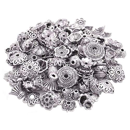 160-210pcs Bali Style Jewelry Making Metal Bead Caps Deluxe New Mix, 100 Gram,Tibetan Silver - color: Antique Silver