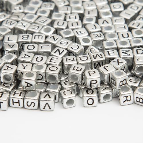 1000pcs Square Letter Beads for Bracelets, 6x6mm Silvery Cube Alphabet A-Z Beads for Jewelry Making Friendship Bracelets (Cube Silver) - color: 6x6mm silver