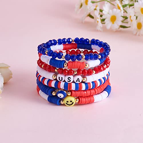 Ornaland 7Pcs Handmade Polymer Clay Heishi Surfer Stretch Bracelets Set Colorful Glass Beads Bracelets Boho Stackable Preppy Bracelets Wrist Jewelry for Women - color: blue 2