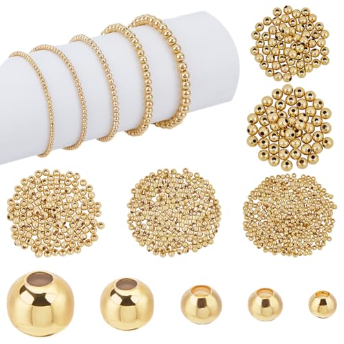 PH PandaHall 695pcs 18K Gold Spacer Beads 5 Sizes Seamless Smooth Beads 2/2.5/3/4/5mm Loose Bead Tiny Ball Bead for Summer Hawaii Layered Necklace Bracelet Jewelry Making - size: Small