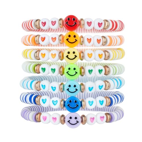 Rainbow Heishi Surfer Bracelets Set for Women Stackable Clay Beaded Bracelets Disc Stretch Preppy Bracelets Layering Colorful Friendship Bracelets Team Cheer Bulk Boho Summer Beach Jewelry Gift - style: Smiley Face with Heart