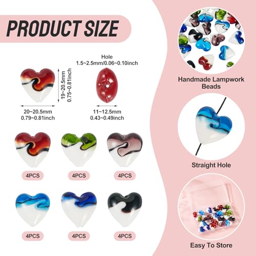 Cheriswelry 24Pcs Heart Pearlized Beads Handmade Lampwork Glass Beads Crystal Glass Heart Loose Spacer Bead 19mm for Women Earring Bracelet Necklace Jewelry Making DIY Crafts - color: 6 Color-Two Tone Heart