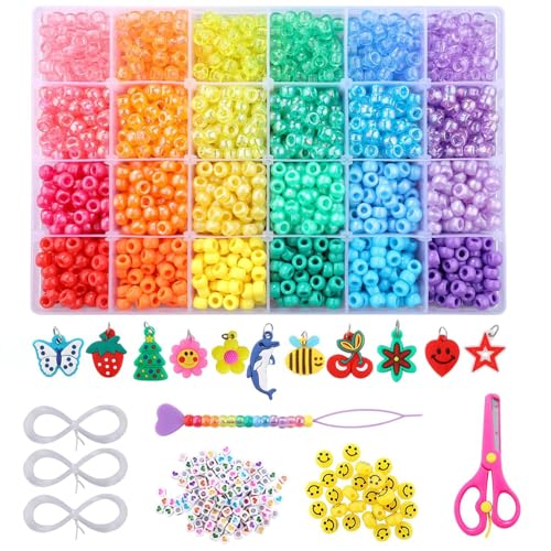 3277+pcs Pony Beads Kit 24 Color Rainbow Plastic Pony Bead Heart Beads Elastic String Kandi Bead for Braids Cute Charm DIY Crafts Jewelry Making Kit for Bracelets Necklaces - color: 24 color pony beads