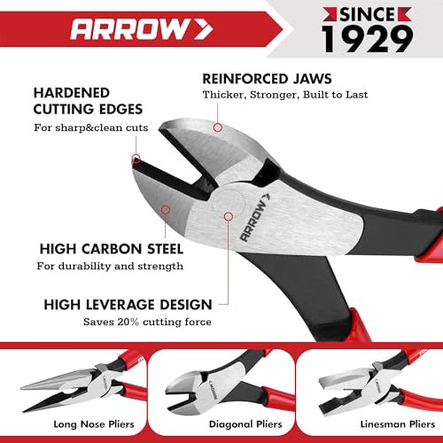 ARROW 3PCS Pliers Set, 8" Needle Nose Pliers, 7" Diagonal Plier, 8" Linesman with Non-slip Handle, Premium Carbon Steel, High Leverage Design - style: 8" Needle Nose/7" Diagonal/8" Linesman