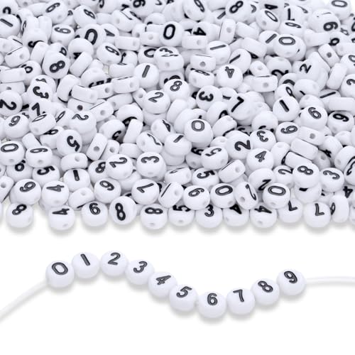 LAIDANLA 1000PCS Acrylic Number Beads Black Number White Round Bead 7×4mm for Jewelry Bracelets Necklaces Key Chains Making - color: T-Black Number White Beads