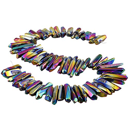 rockcloud Natural Rock Crystal Points Titanium Coated Clear Quartz Sticks Spikes Top Drilled 15 inch Strand,Gold - color: #17-Raibow Coated(Polished)