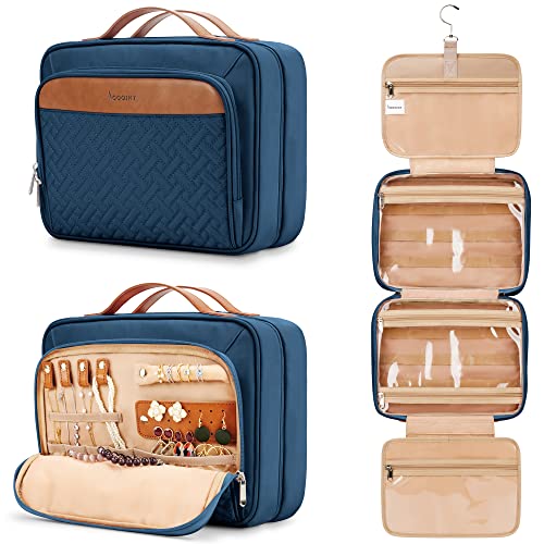 Travel Hanging Toiletry Bag for Women, Extra Large Makeup Bag, Holds Full-Size Shampoo, with Jewelry Organizer Compartment, Waterproof Cosmetic Bag, Toiletries Kit Set with Trolley Belt, Navy Blue - color: Navy Blue, size: Large